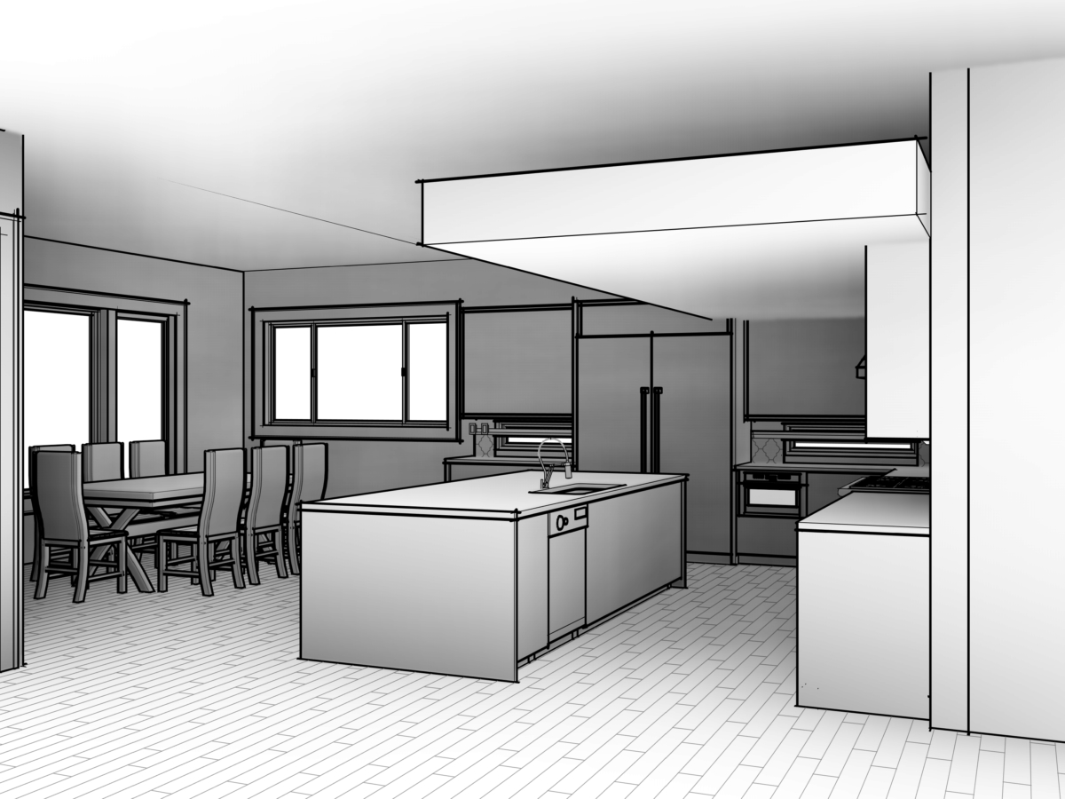 Kerker Residence rendering of kitchen and dining table