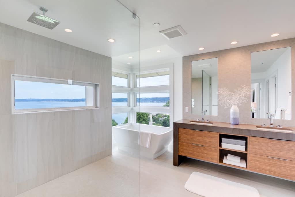 Luxury custom master bathroom with huge walk in shower and tub and double vanity sink
